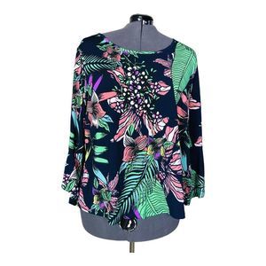 2610 Gabrielle Maria 4X Blouse Floral Bell 3/4 Sleeve Stretchy Colorful